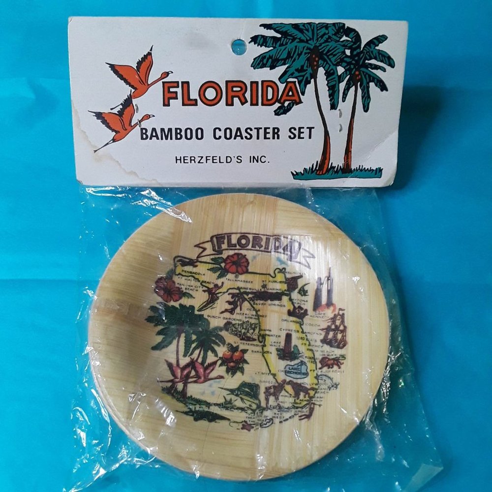 VINTAGE FLORIDA BAMBOO COASTER SET OF 2 - COMES WITH ORIGINAL PACKAGING - TAIWAN